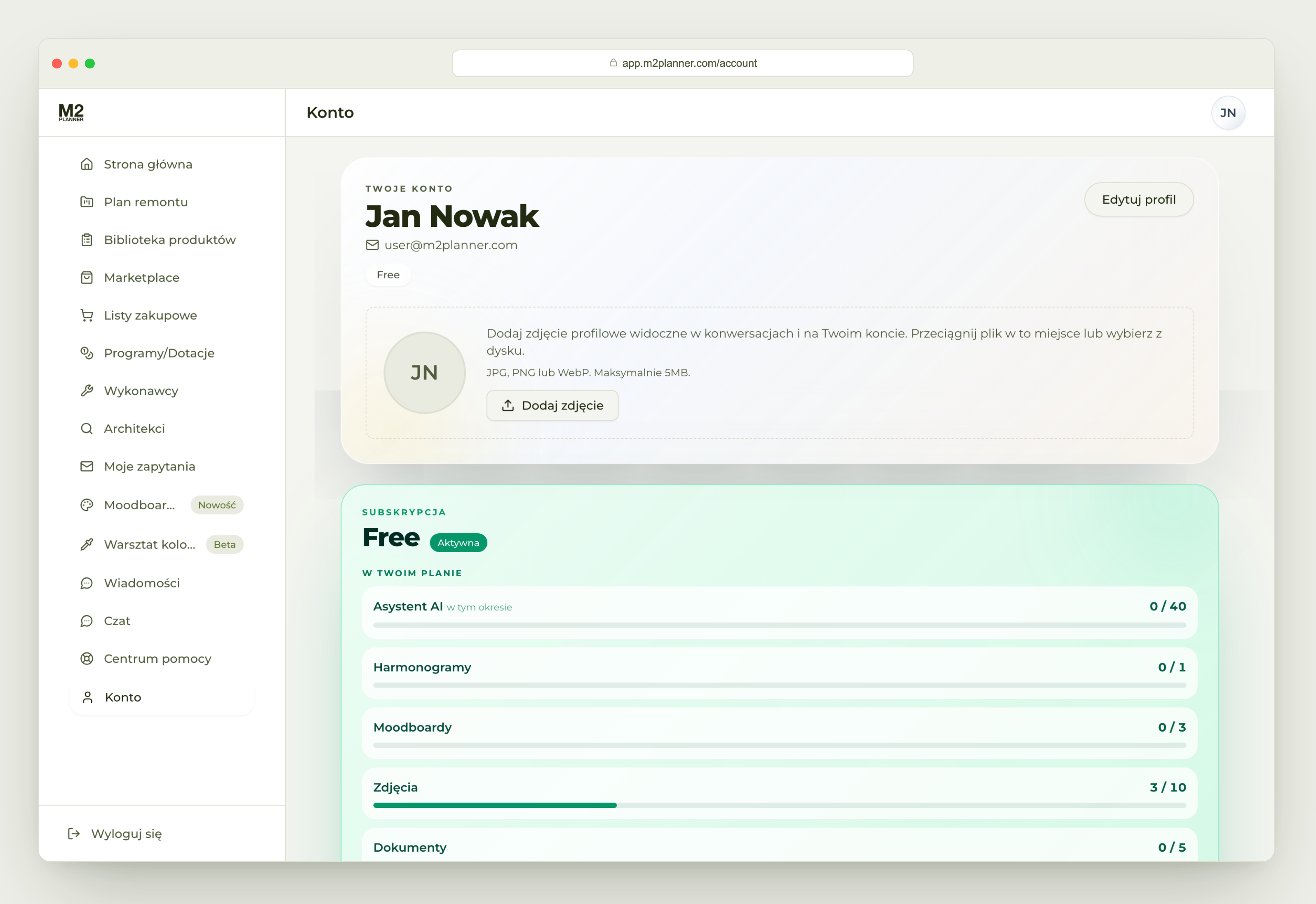 Konto - profil, powiadomienia i wykorzystanie limitów darmowego planu.