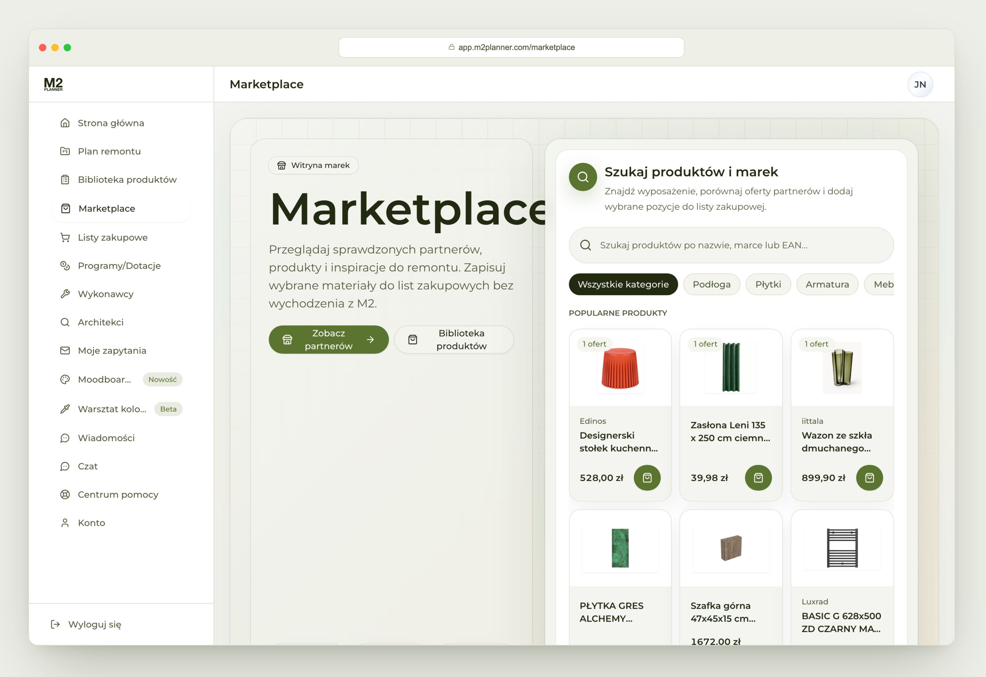 Marketplace - katalog produktów partnerów do dodania na listę lub moodboard.