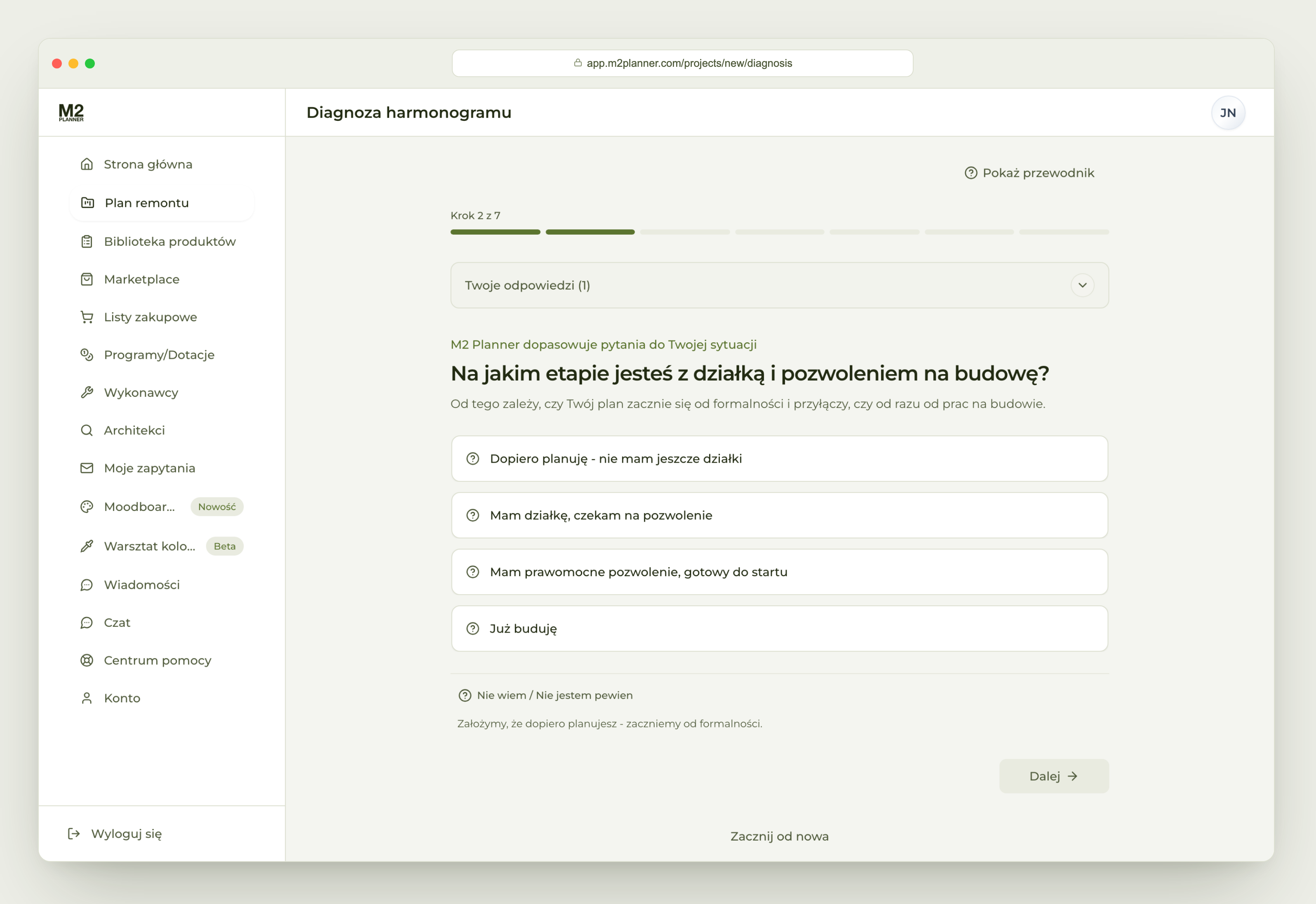 Diagnoza harmonogramu - proste pytania z paskiem postępu prowadzą przez konfigurację.